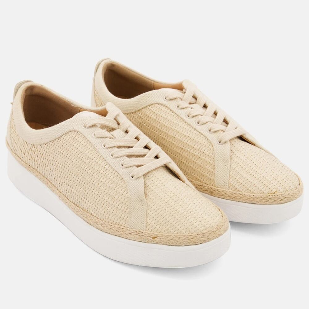 FitFlop Rally Basket-Weave Lace Up Sneakers Cream/Tan Sz 9 Coastal Beach Comfort